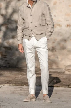 Beige Linen Bomber Jacket – Made In Italy|Pini Parma Discount