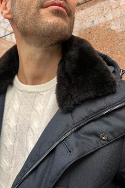 Blue Down Coat With Removable Shearling Collar – Made In Italy|Pini Parma Discount