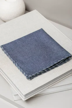 Blue Flannel Cotton Pocket Square With White Edges - Made In Italy|Pini Parma New