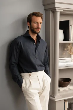 Blue Popover Shirt - Flannel Touch - Made In Italy|Pini Parma Store