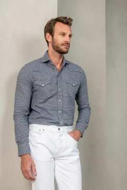 Blue Prince Of Wales Western Shirt - Made In Italy|Pini Parma New