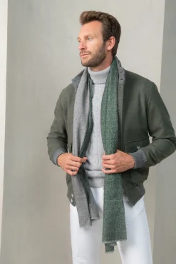 Grey And Green Reversible Herringbone Scarf - Made In Italy|Pini Parma Best Sale