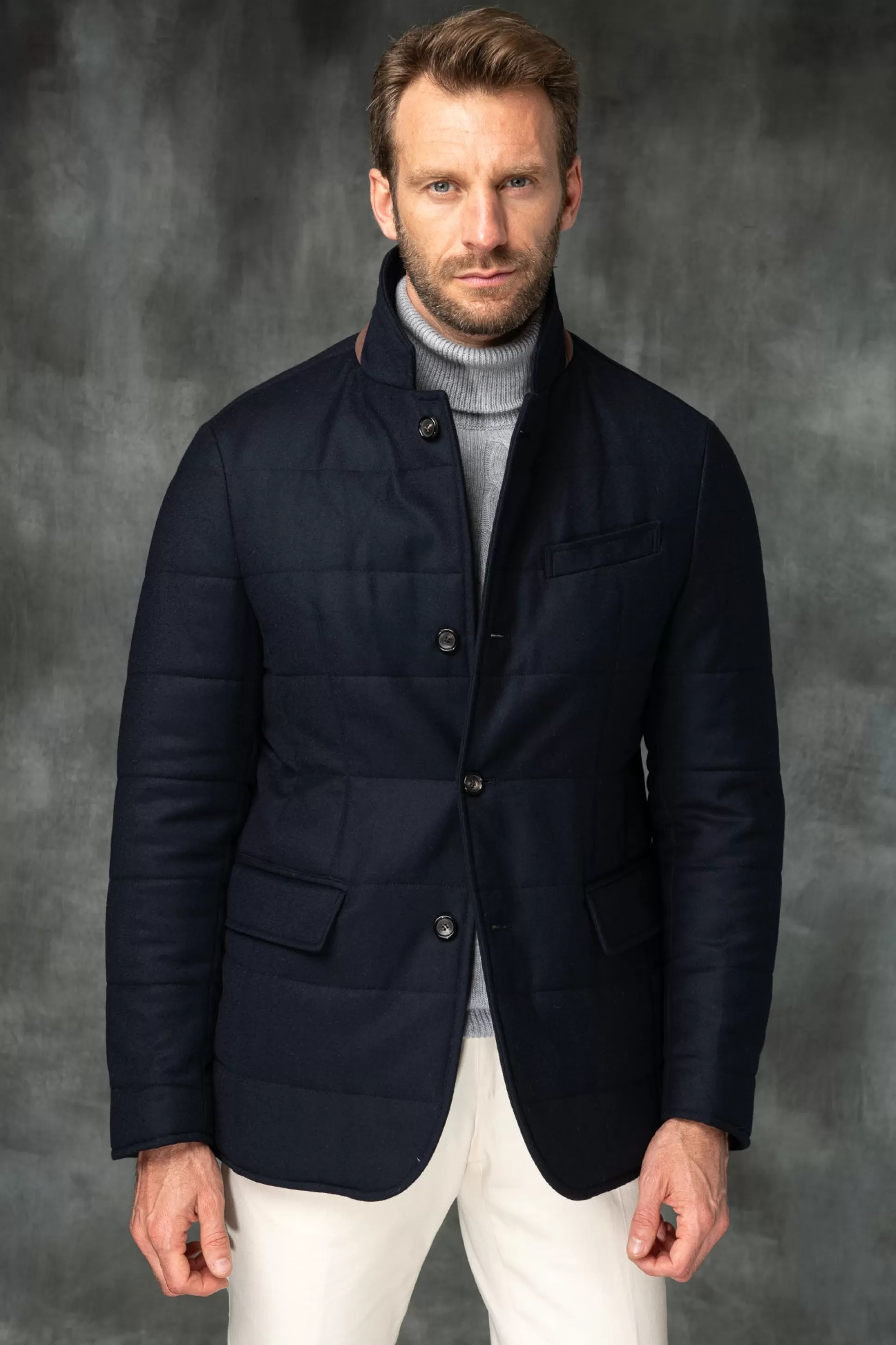 Blue Down Jacket In Loro Piana Wool With Rain System®– Made In Italy | Pini Parma Online