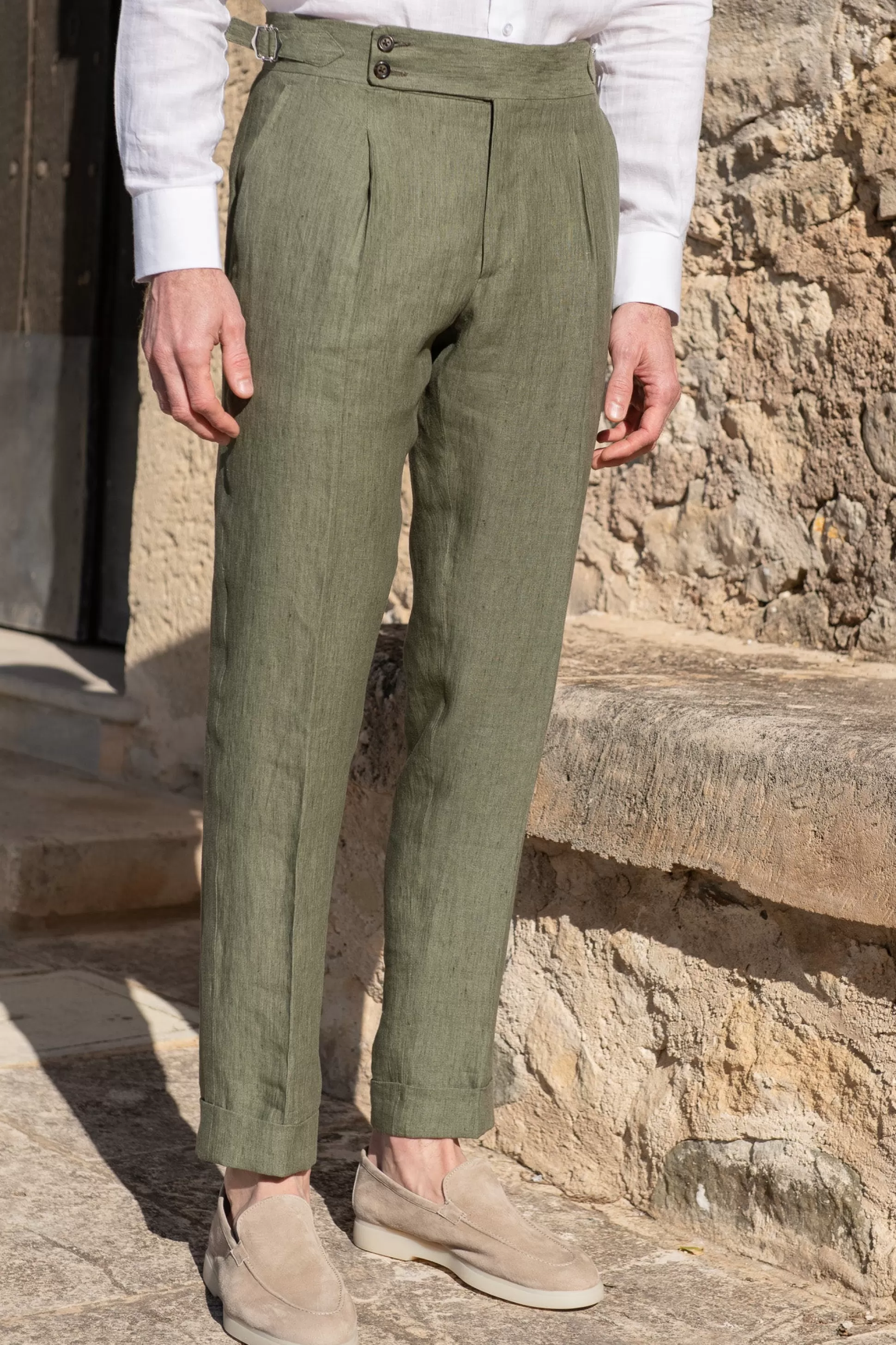 Green Linen Trousers "Soragna Capsule Collection" - Made In Italy | Pini Parma Outlet