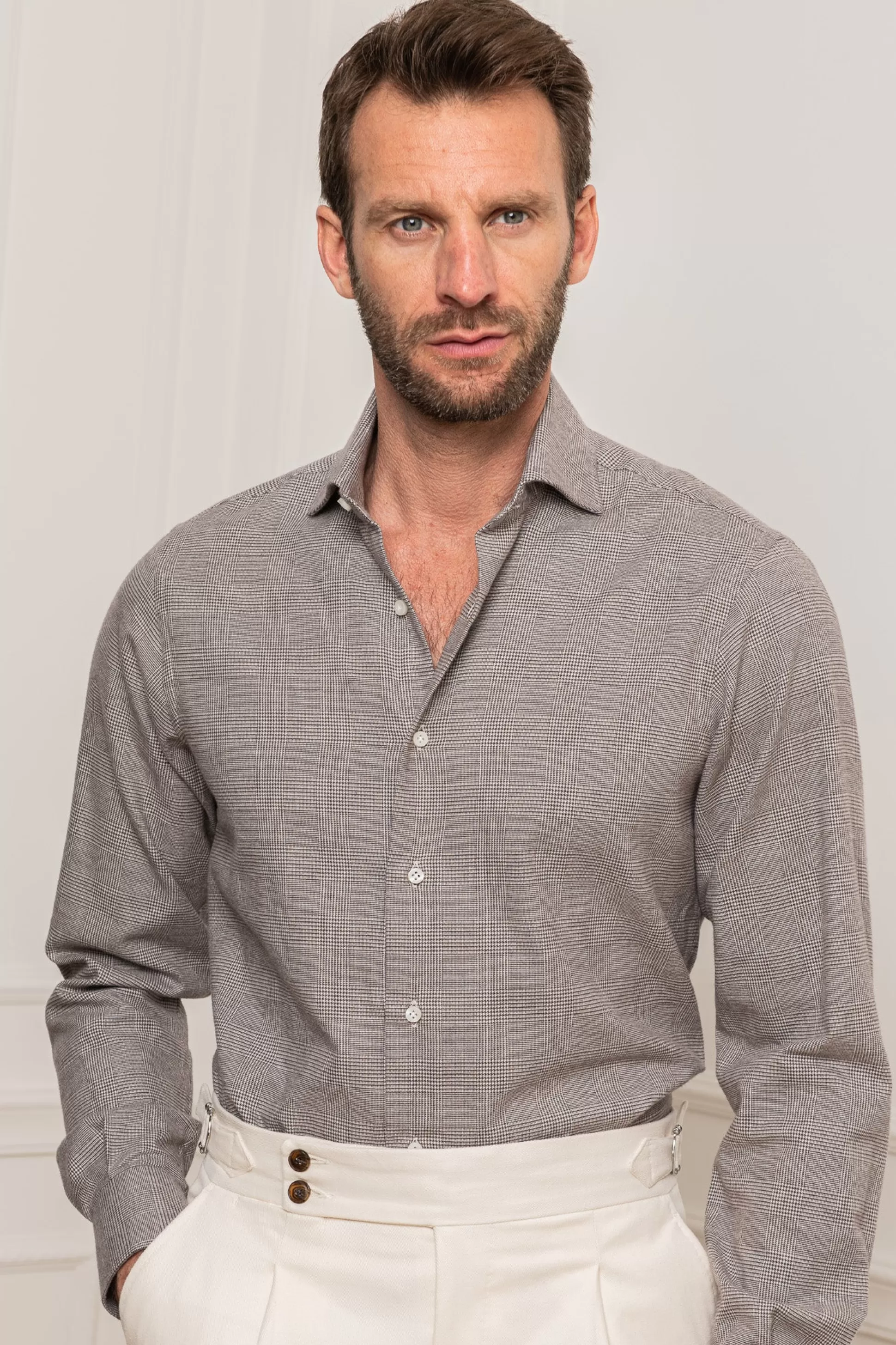 Taupe Prince Of Wales Shirt - Made In Italy | Pini Parma Shop