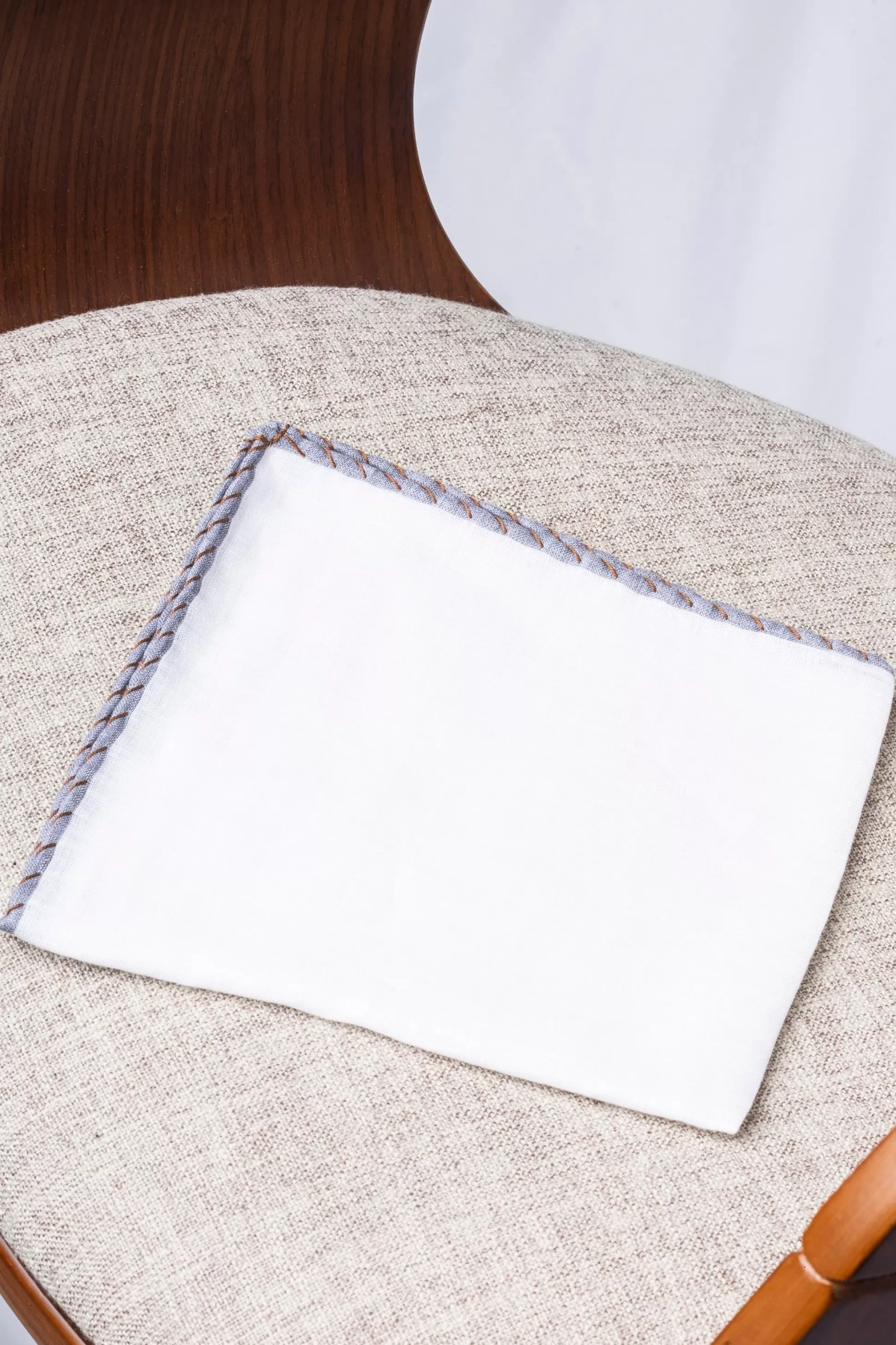White Linen Pocket Square With Grey And Cognac Edges - Made In Italy | Pini Parma Discount